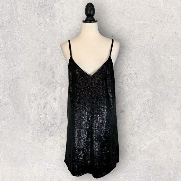 MinkPink Black Mini Dress Shimmer Double V-Neck, Size XS - Picture 1 of 11